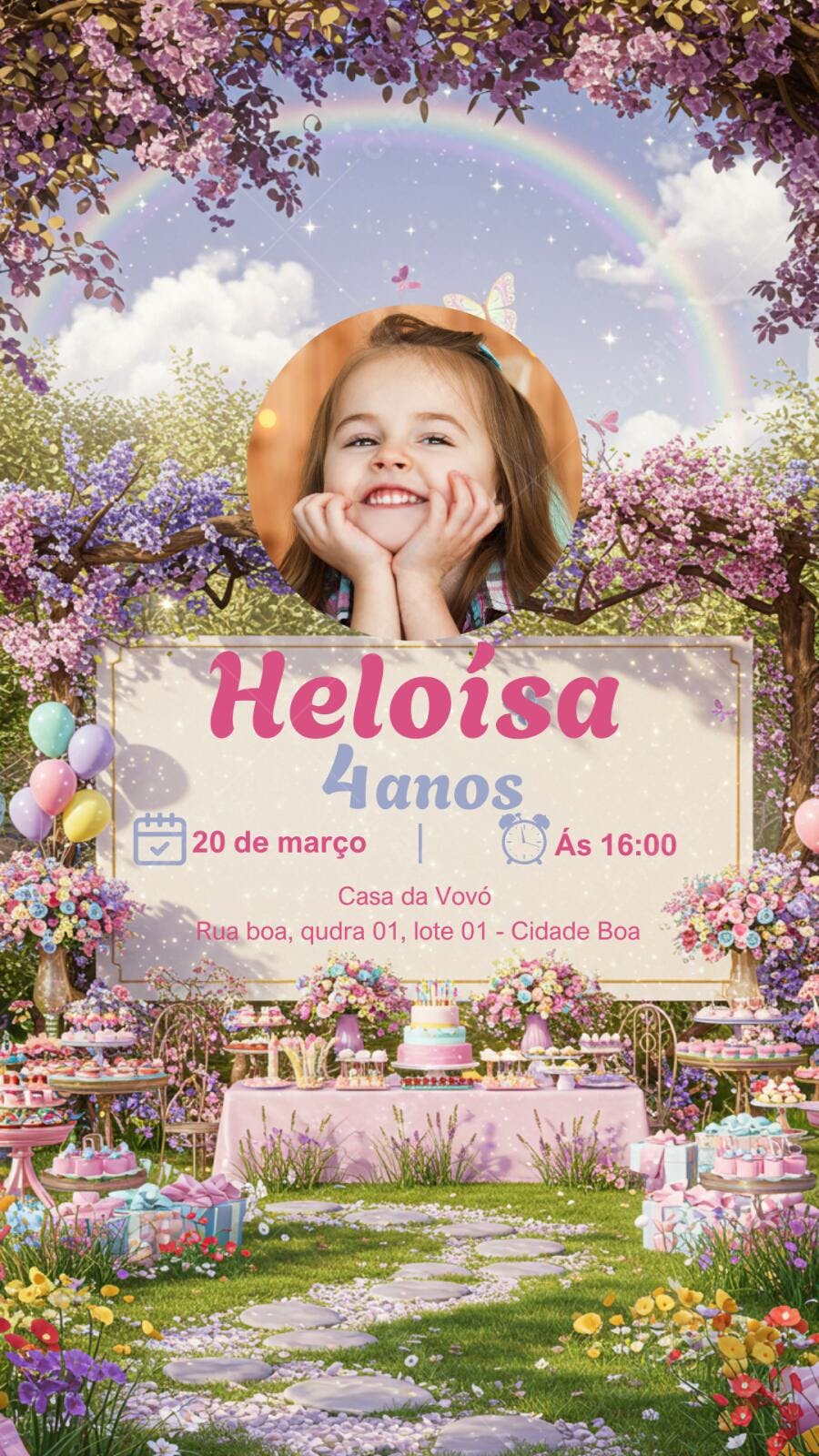Convite de aniversário infantil jardim encantado Editável no Canva