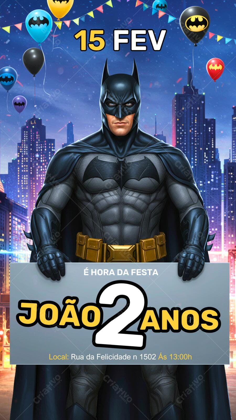 Convite de Aniversário Batman Cidade Noturna Editável no Canva
