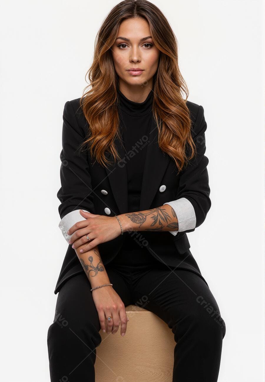 Mulher com tatuagens em traje social