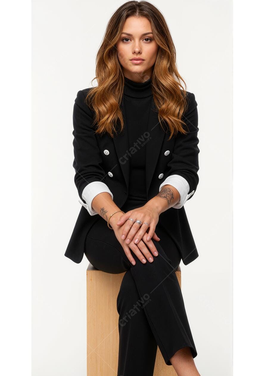 Mulher elegante em blazer preto e calça