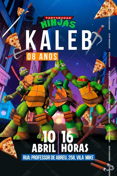 Convite de Aniversário Infantil das Tartarugas Ninjas Editável no Canva