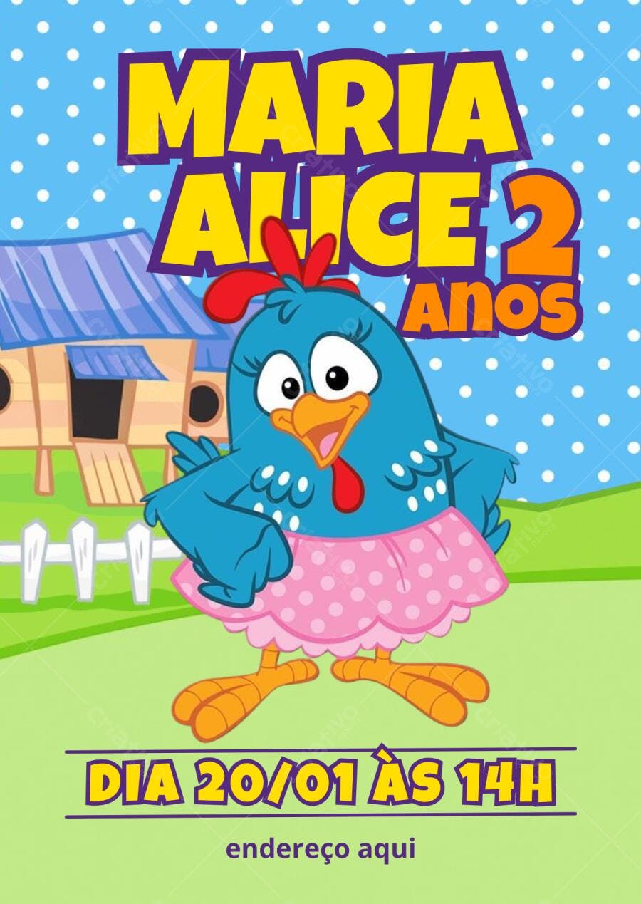 Convite Aniversário Infantil Galinha Pintadinha Rosa e Azul Editável no Canva
