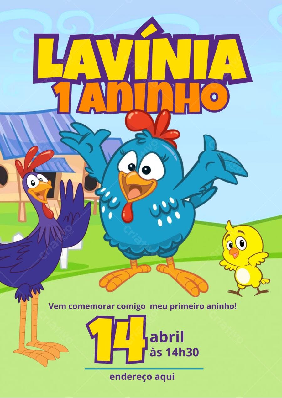 Convite Aniversário 1 Aninho Galinha Azul Editável no Canva
