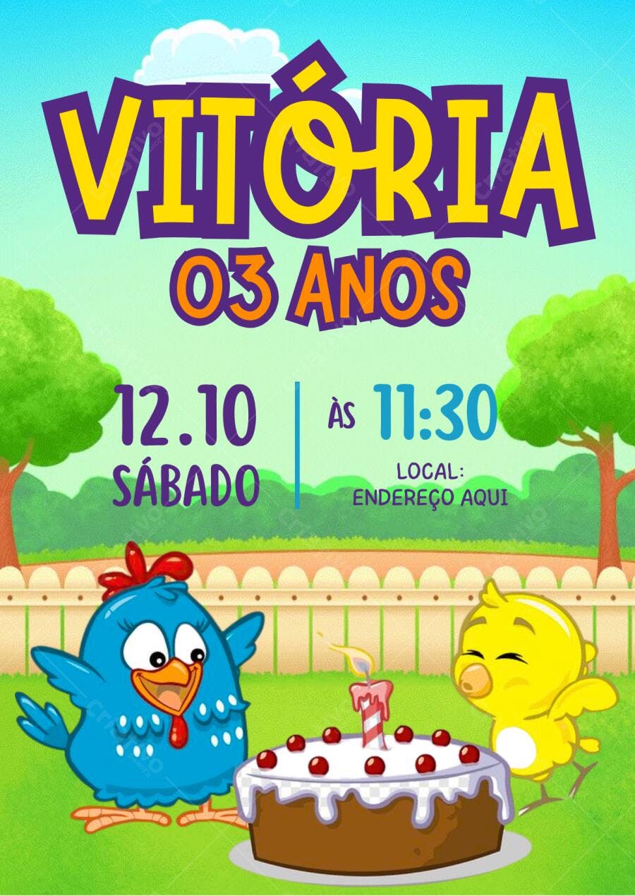 Convite Aniversário Infantil Galinha Pintadinha Festa no Jardim Editável no Canva