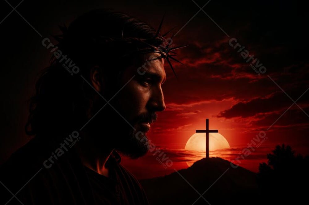Imagem de Cristo em uma composição de cruz na cor vermelha e sombrio para composição