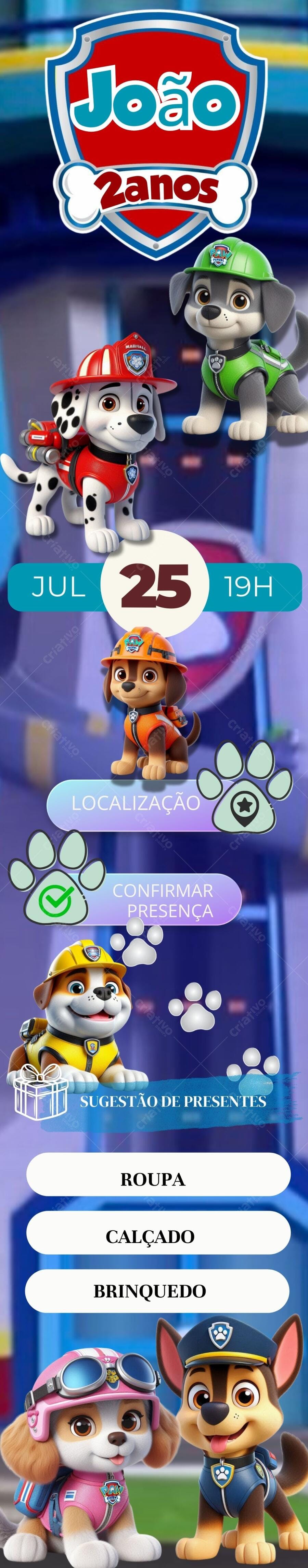 Convite de Aniversário Patrulha Canina 2 anos Editável no Canva