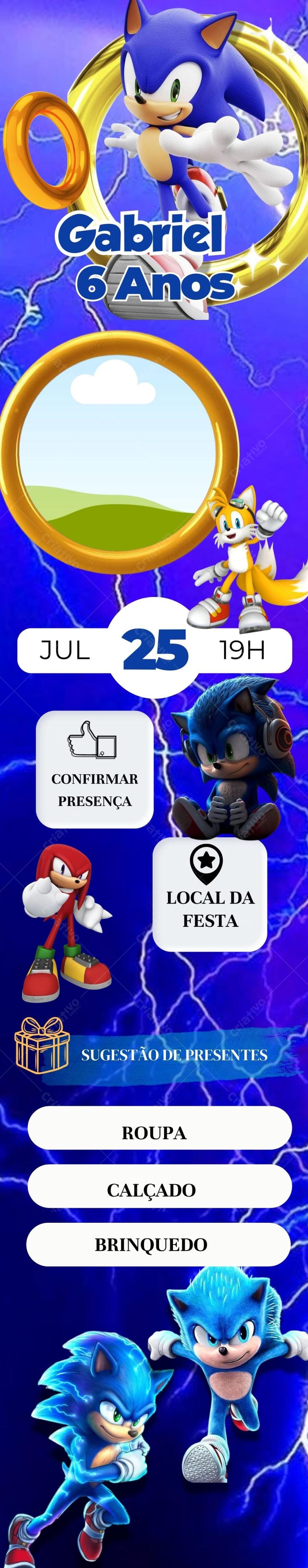 Convite de Aniversário Sonic 6 anos Editável no Canva