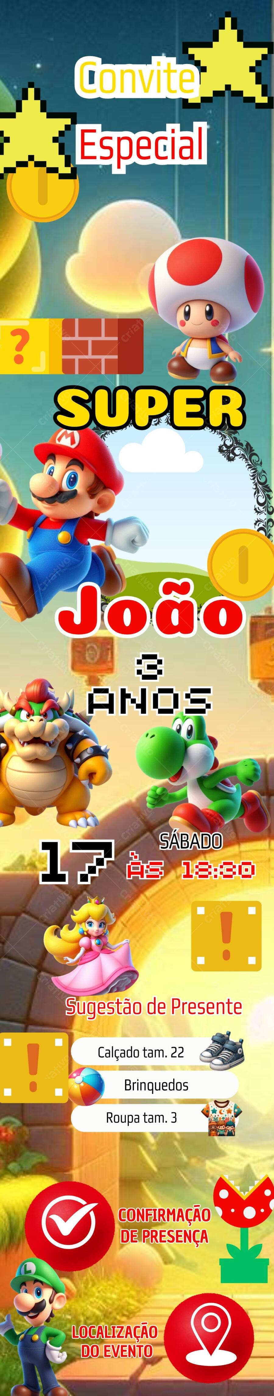 Convite de Aniversário Super Mario 3 anos Editável no Canva
