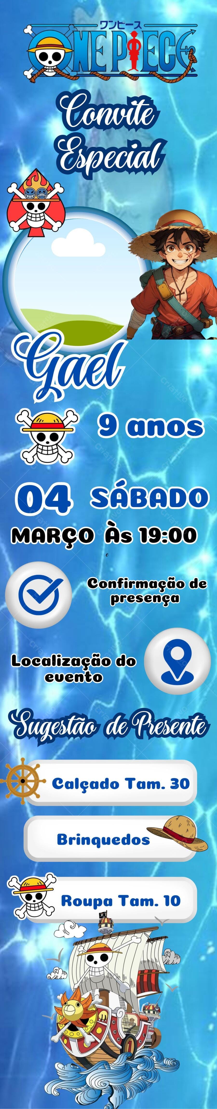 Convite de Aniversário Infantil One Piece Editável no Canva
