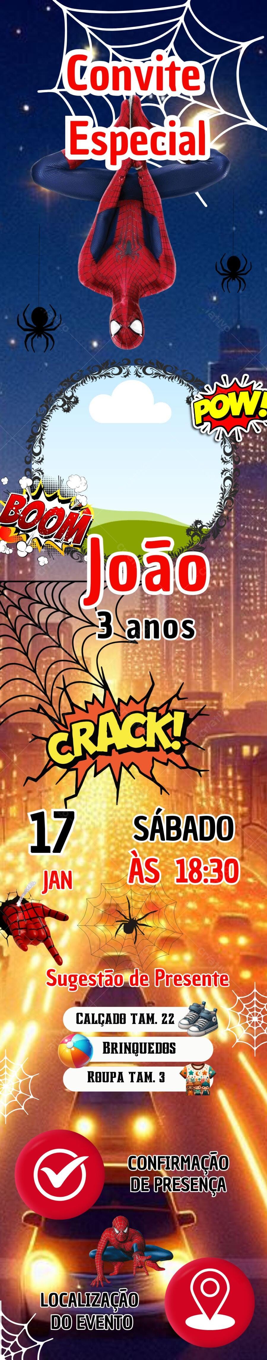 Convite de Aniversário Homem-Aranha Infantil Editável no Canva
