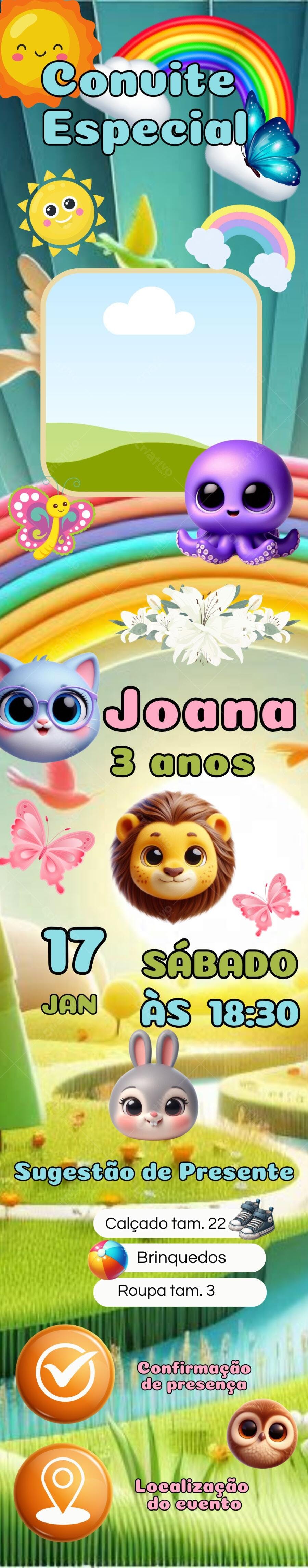 Convite Aniversário Infantil Arco-íris e Animais Editável no Canva