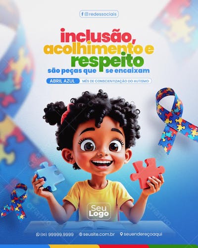 Abril Azul Dia Mundial de Conscientização do Autismo 02 de Abril Social Media PSD Editável