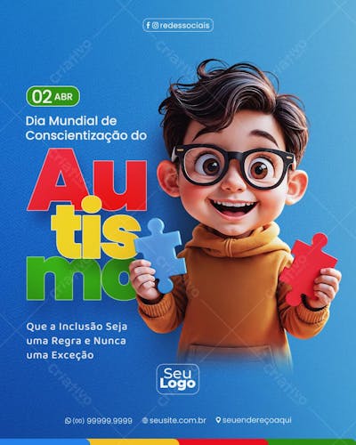 Abril Azul Dia Mundial de Conscientização do Autismo 02 de Abril Social Media PSD Editável