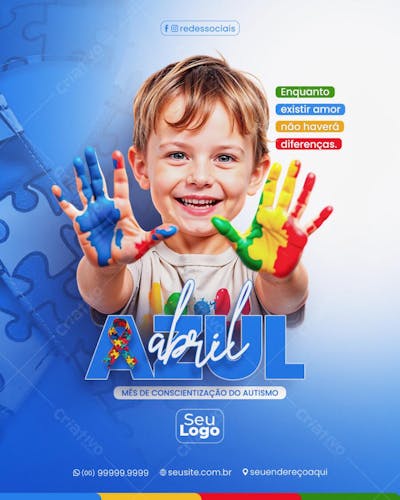 Abril Azul Dia Mundial de Conscientização do Autismo 02 de Abril Social Media PSD Editável