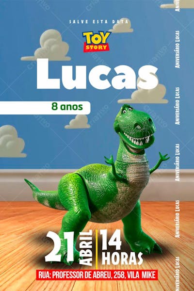Convite de Aniversário Infantil do Toy Story Rex Editável no Canva