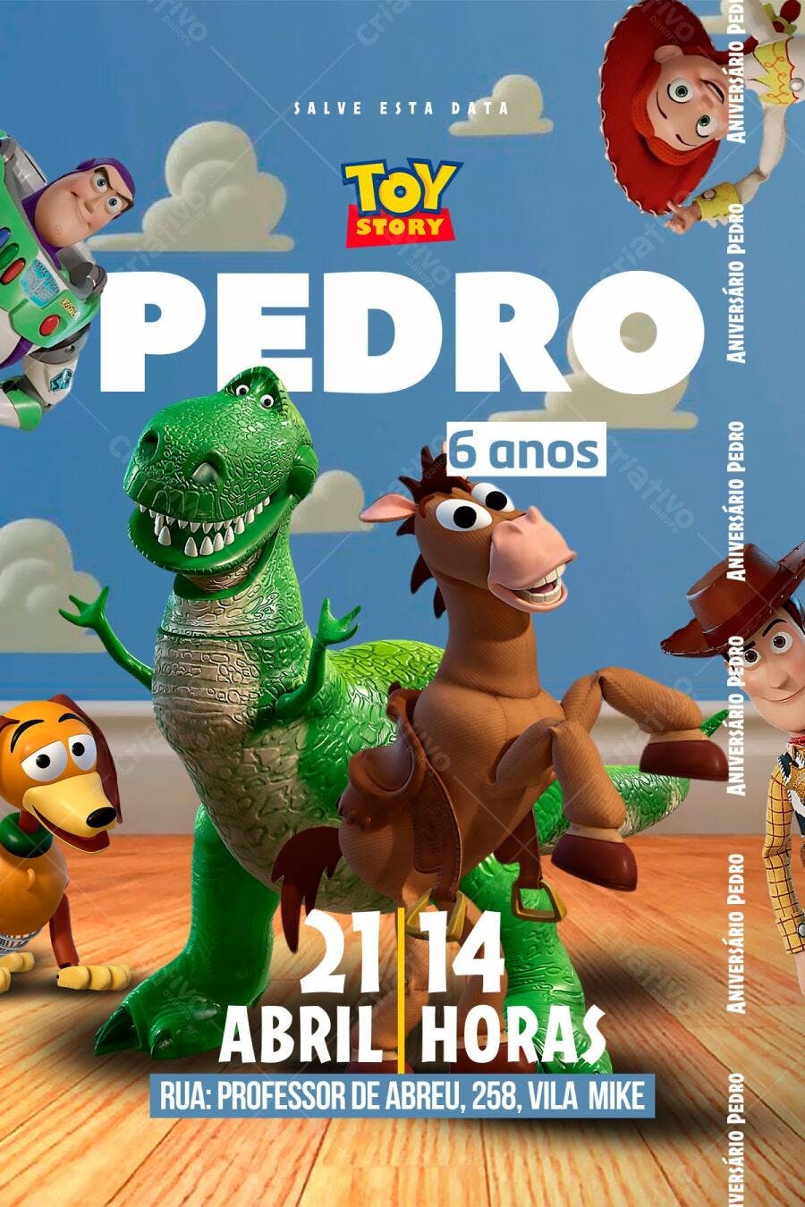 Convite de Aniversário Toy Story com Rex e Woody Editável no Canva