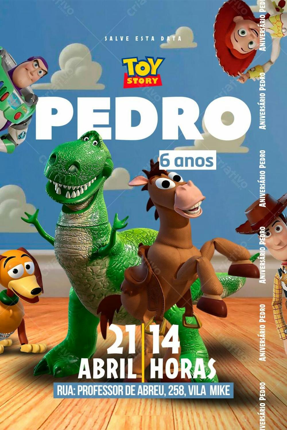 Convite de Aniversário Infantil dos Personagens do Desenho Toy Story Editável no Canva