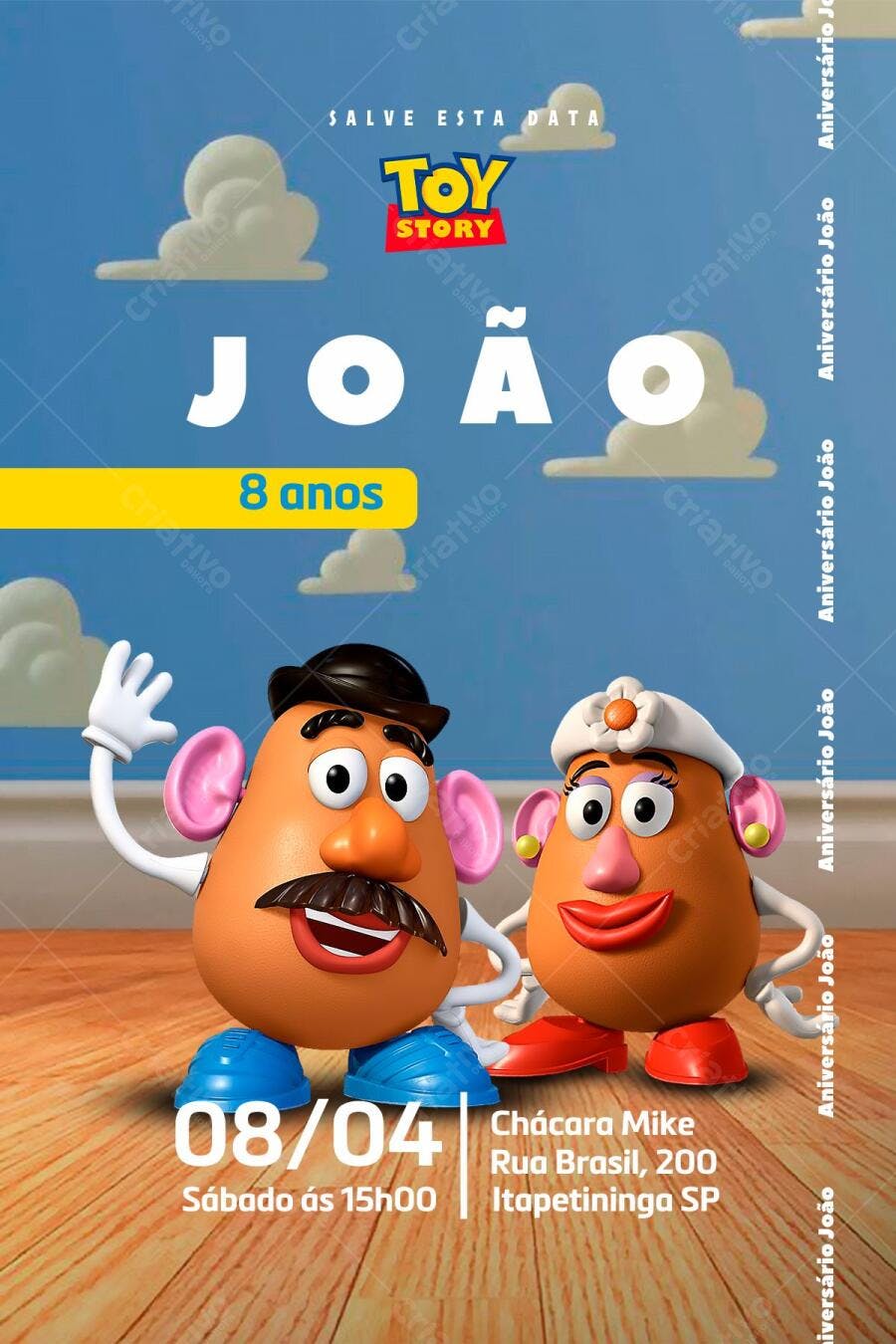 Convite de Aniversário Toy Story Sr e Sra Cabeça de Batata Editável no Canva