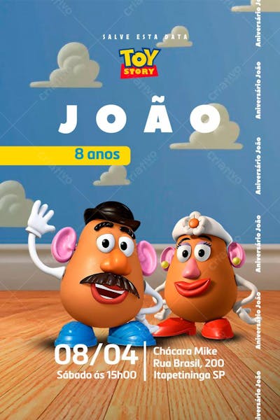 Convite de Aniversário Infantil Personagens do Desenho Toy Story Senhor e Senhora Cabeça de BatataEditável no Canva
