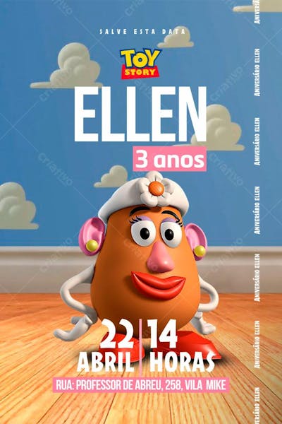 Convite de Aniversário Infantil dos Personagens do Desenho Toy Story Senhora Cabeça de Batata Editável no Canva