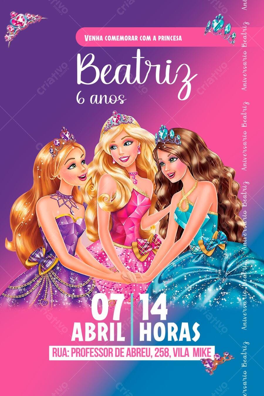 Convite de Aniversário Infantil Barbie Princesas Rosa e Azul Editável no Canva