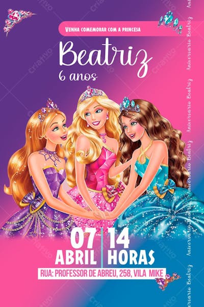 Convite de Aniversário Infantil dos Personagens do Desenho Barbie e as Princesas Editável no Canva