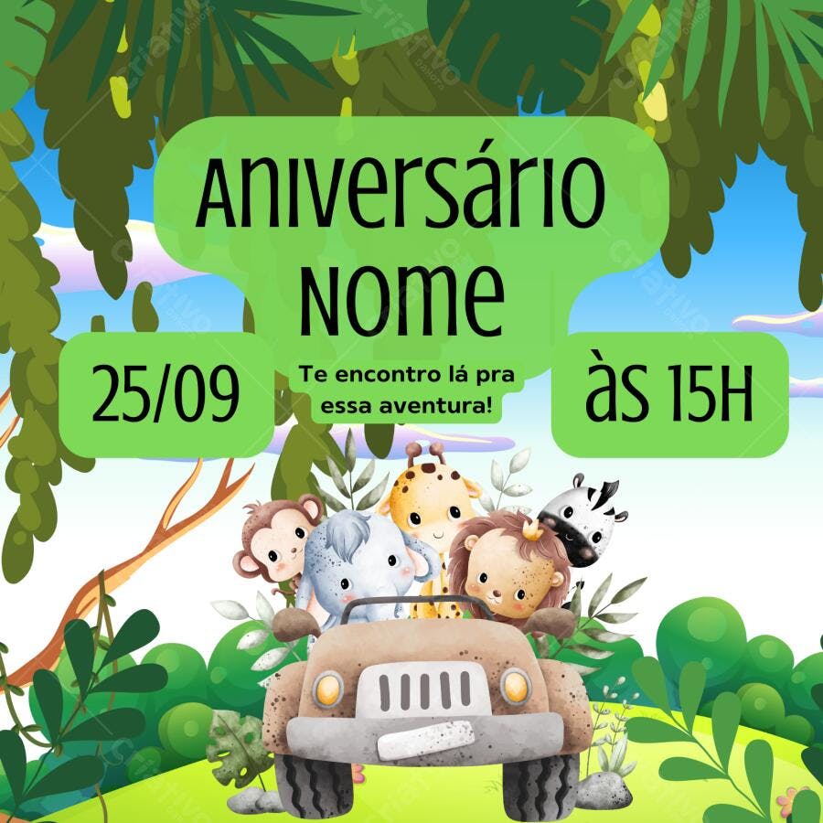 Convite de Aniversário Safari Animais fofos Editável no Canva