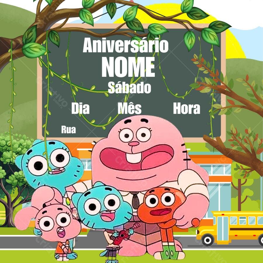 Convite de Aniversário Infantil O Incrível Mundo de Gumball Editável no Canva