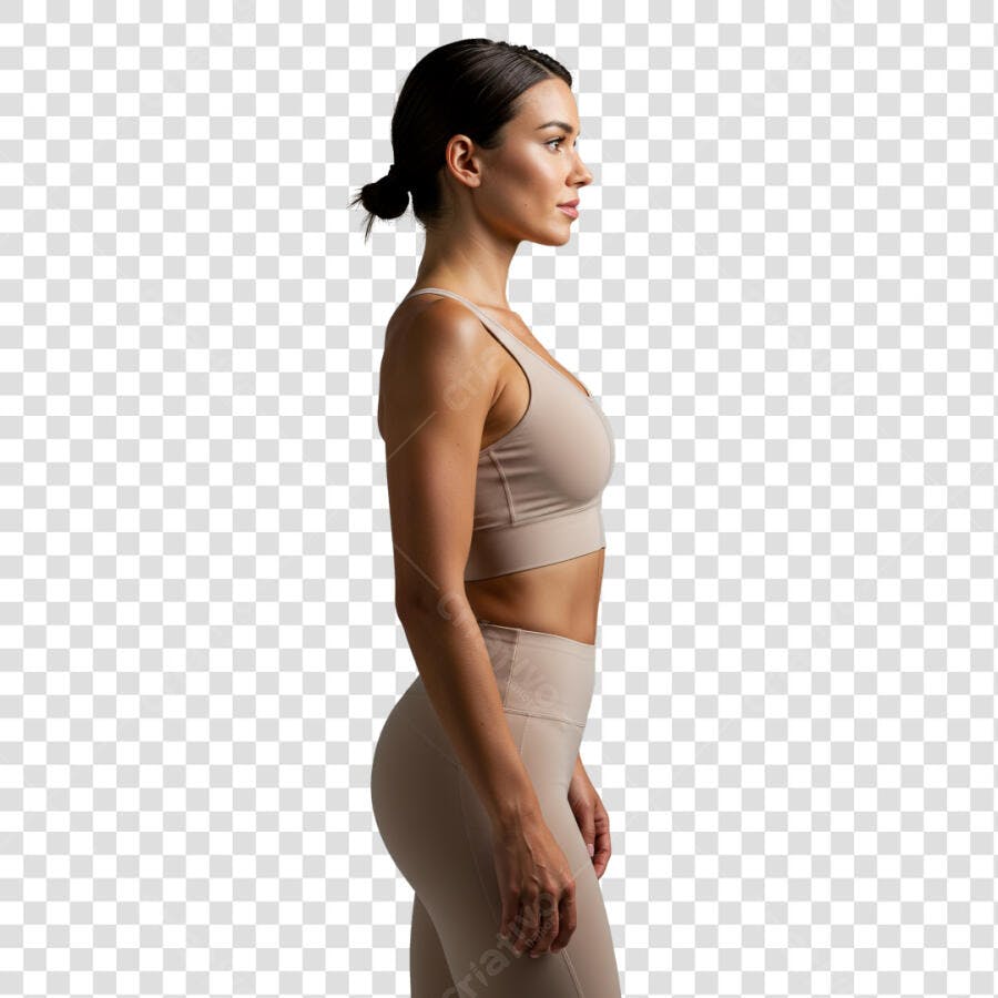 Imagem PNG de mulher fitness em roupa bege com fundo transparente