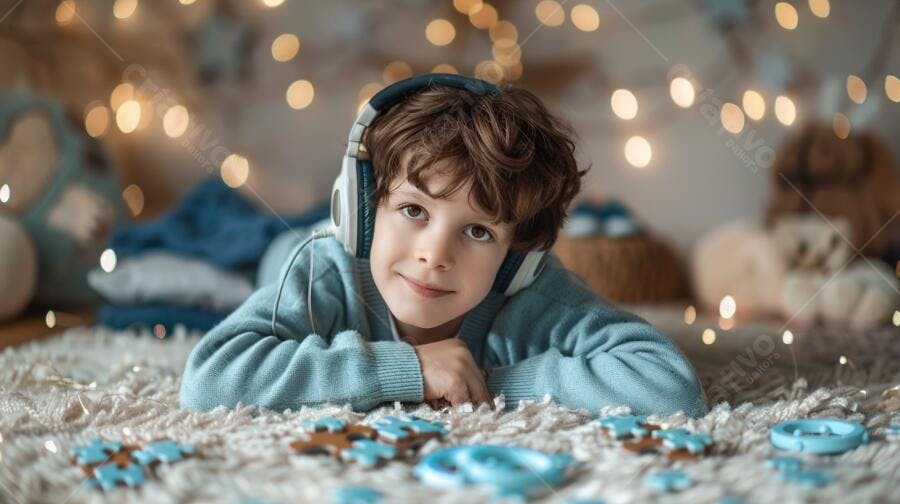 Menino ouvindo música com fones de ouvido
