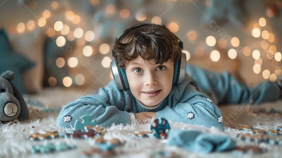 Menino ouvindo música com fones de ouvido no Natal