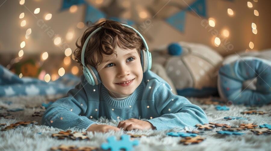 Criança ouvindo música com fone de ouvido azul