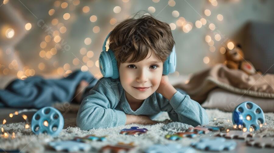 Menino feliz ouvindo música com fones azuis