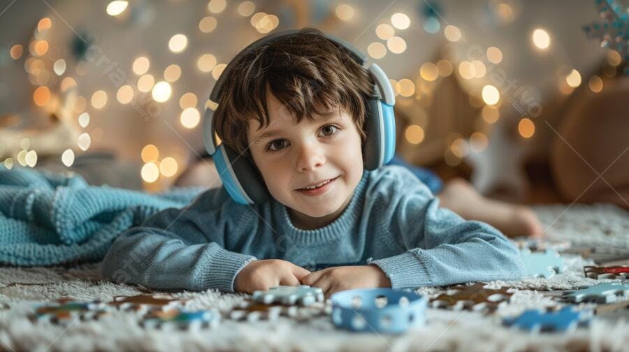 Menino com fone de ouvido azul brincando no Natal