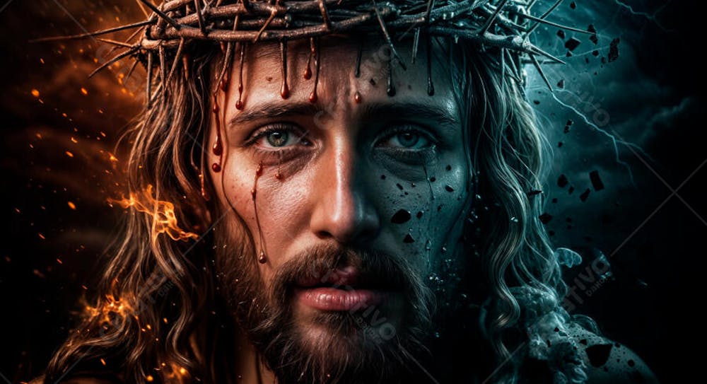 IMAGEM DE CRISTO COM COROA DE ESPINHOS E SANGUE NO ROSTO PARA COMPOSIÇÃO 3