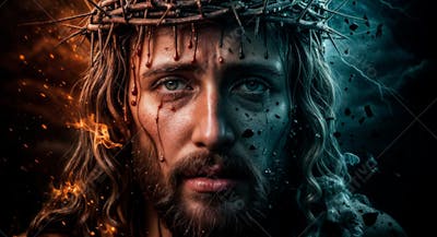 IMAGEM DE CRISTO COM COROA DE ESPINHOS E SANGUE NO ROSTO PARA COMPOSIÇÃO 3