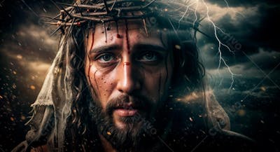 IMAGEM DE CRISTO COM COROA DE ESPINHOS E SANGUE NO ROSTO PARA COMPOSIÇÃO 4