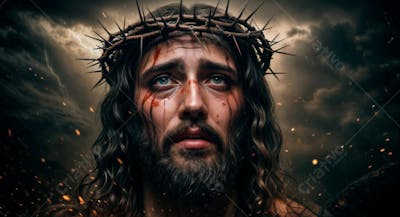 IMAGEM DE CRISTO COM COROA DE ESPINHOS E SANGUE NO ROSTO PARA COMPOSIÇÃO 2