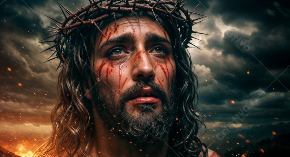 IMAGEM DE CRISTO COM COROA DE ESPINHOS E SANGUE NO ROSTO PARA COMPOSIÇÃO