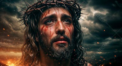 IMAGEM DE CRISTO COM COROA DE ESPINHOS E SANGUE NO ROSTO PARA COMPOSIÇÃO