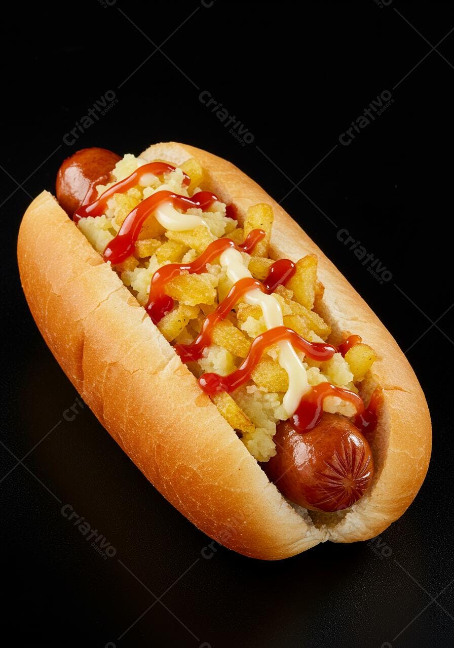 Hot dog com purê e batatas fritas