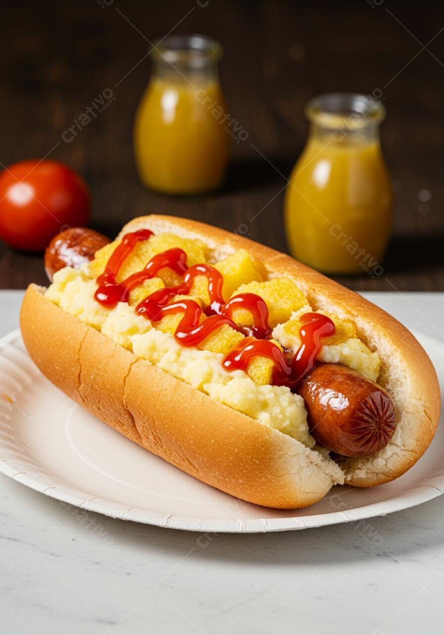 Hot dog com purê de batata e ketchup