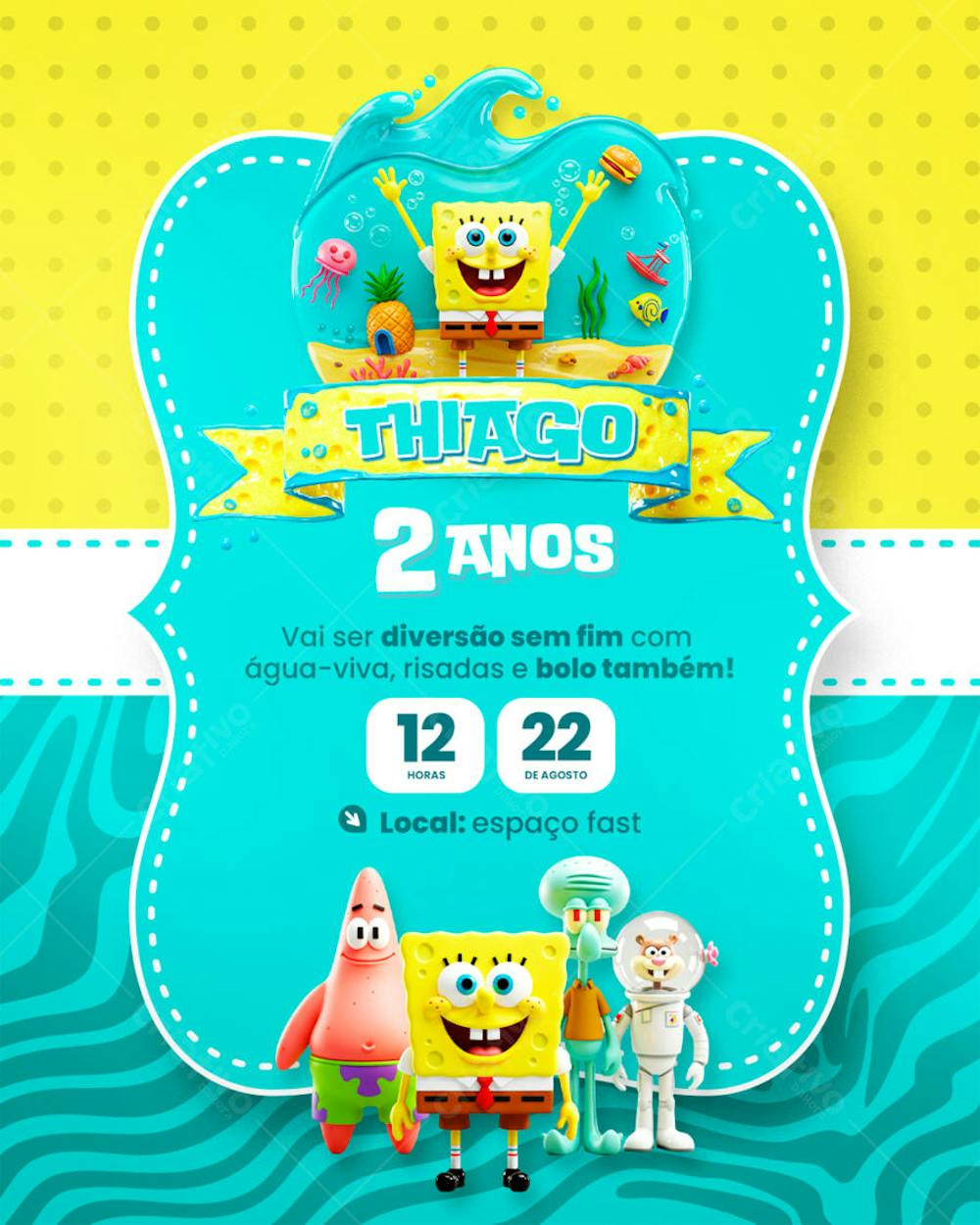 Convite de Aniversário Infantil Bob Esponja Modelo Canva Editável