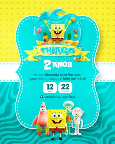Convite de Aniversário Infantil Bob Esponja Modelo Canva Editável