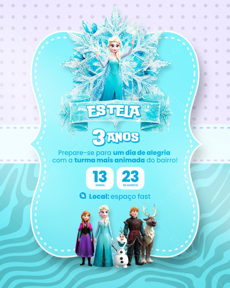 Convite de Aniversário Frozen Elsa e Anna Editável no Canva