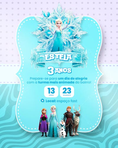 Convite de Aniversário Infantil Frozen Modelo Canva Editável
