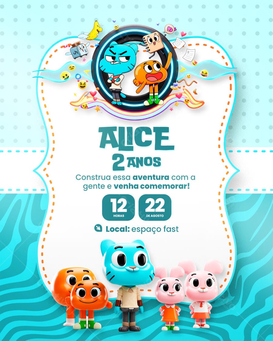 Convite de Aniversário Infantil com o tema O Incrível Mundo de Gumball Editável no Canva
