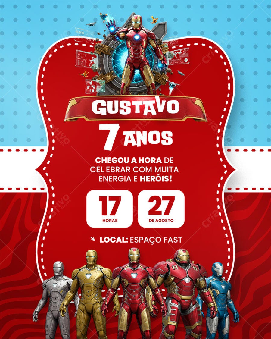 Convite de Aniversário Homem de Ferro 7 anos Editável no Canva