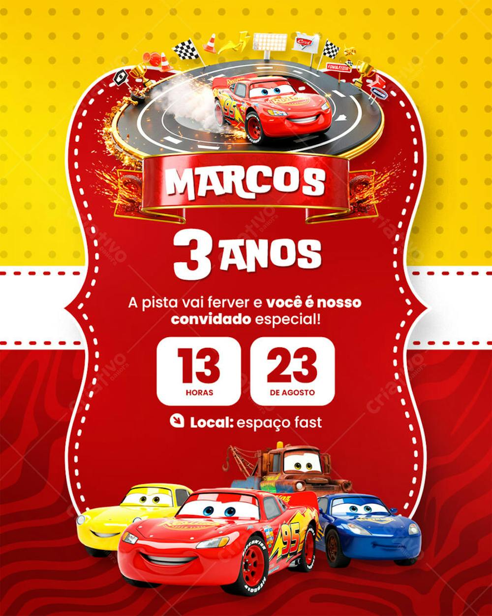 Convite de Aniversário Infantil Mcqueen Mattel Modelo Canva Editável