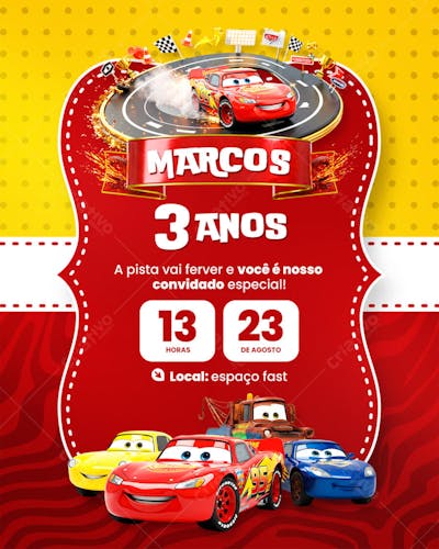 Convite de Aniversário Infantil Mcqueen Mattel Modelo Canva Editável